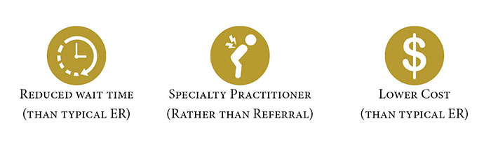 Reduced Wait Time, Specialty Practitioner and Lower Cost icons