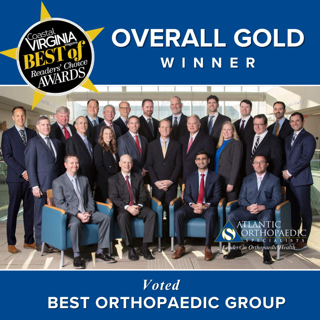 2025-VOTED BEST ORTHOPAEDIC GROUP Atlantic Orthopaedic Specialists team photo with Coastal Virginia Magazine Overall Gold Winner badge for Best Orthopedic Group 2025