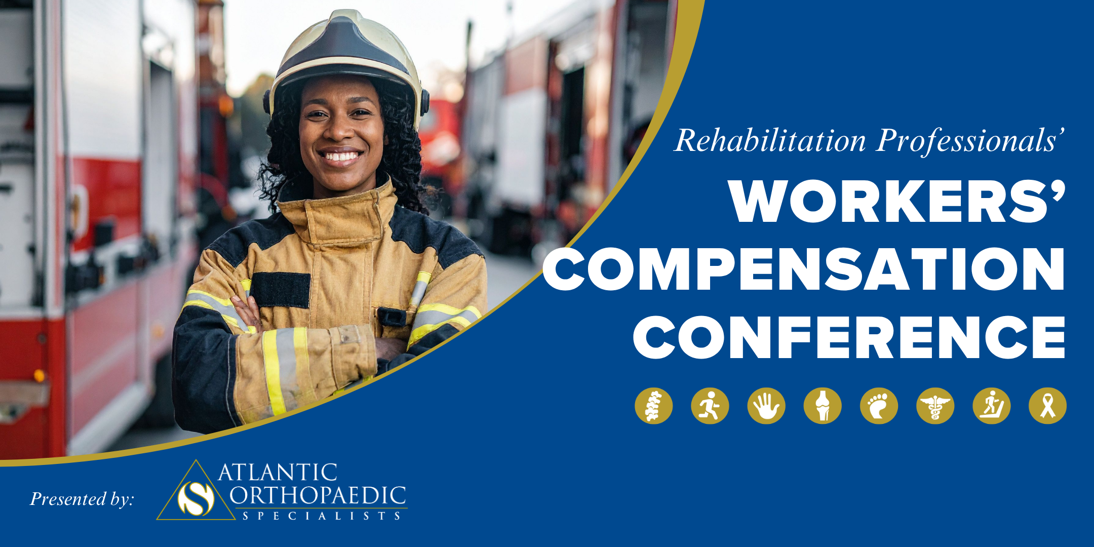 Firefighter in full gear standing beside a blue conference banner reading 'Workers’ Compensation Conference' with sponsor logos.