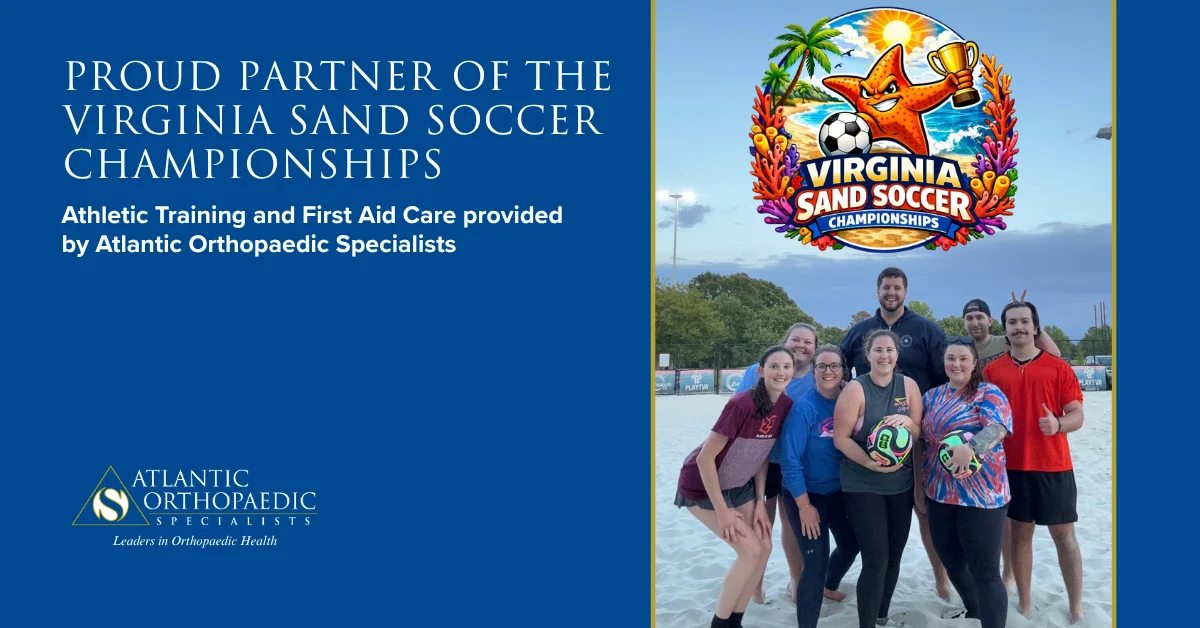 Sand-soccer-tournament-blog - Atlantic Orthopaedic Specialists Promotional banner announcing Atlantic Orthopaedic Specialists as a partner of the Virginia Sand Soccer Championships, with a group photo of players on the beach.
