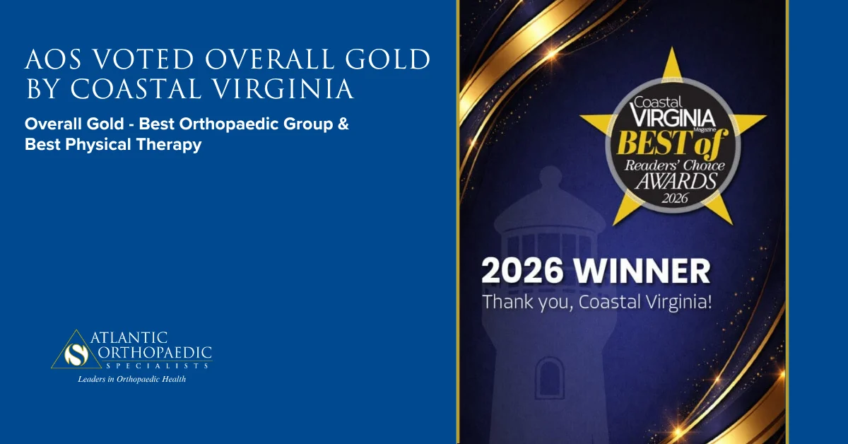1-COVA – 2026 – Best ortho – Best PT - Atlantic Orthopaedic Specialists Blue banner: AOS voted Overall Gold by Coastal Virginia with Atlantic Orthopaedic Specialists logo on left; right shows 2026 Best of Coastal Virginia award graphic.