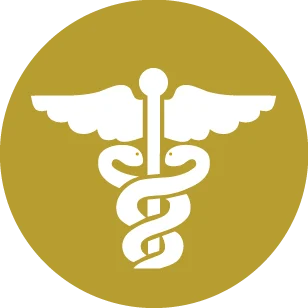 White caduceus symbol (staff with wings and entwined snakes) on a gold circular background, representing medicine/healthcare.