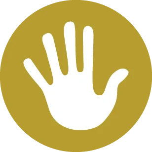 White raised hand icon on a gold circular badge, signaling stop or attention