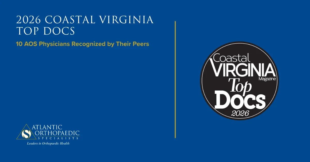 top-docs-blog-graphic-2026 - Atlantic Orthopaedic Specialists Announcement graphic: 2026 Coastal Virginia Top Docs with subtitle about physicians recognized by peers, left-aligned on blue background.