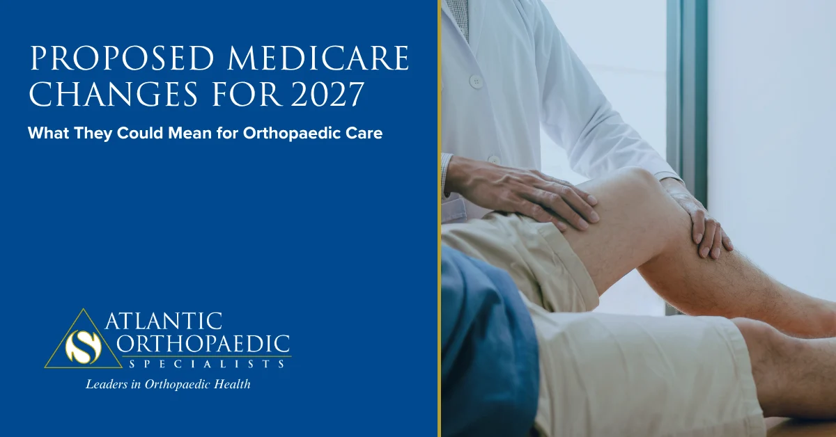 BLOG – Medicare - Atlantic Orthopaedic Specialists Panel with text about Proposed Medicare Changes for 2027 and its impact on orthopaedic care; clinician examining a patient's knee on the right side.